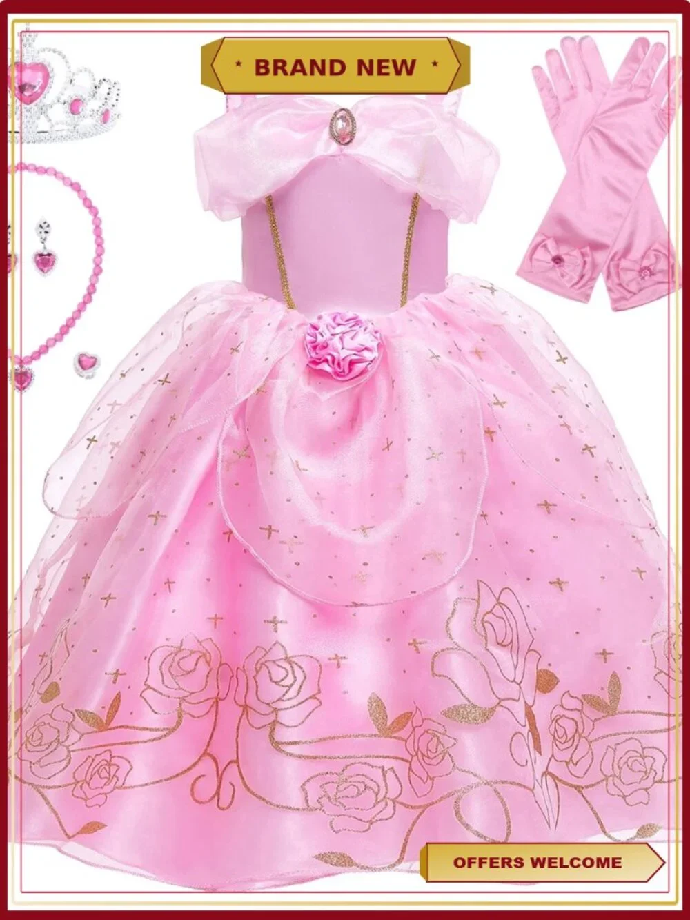 Girls Pink Princess Costume Dress Up with Accessories Halloween Party